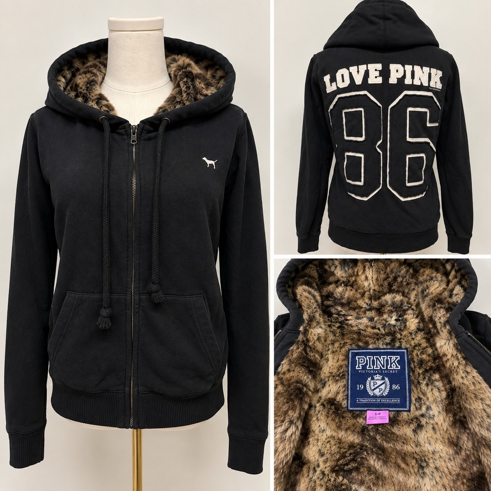 Victoria's Secret PINK 2010 Y2K Faux Fur Lined Hoodie Black Animal Print Small